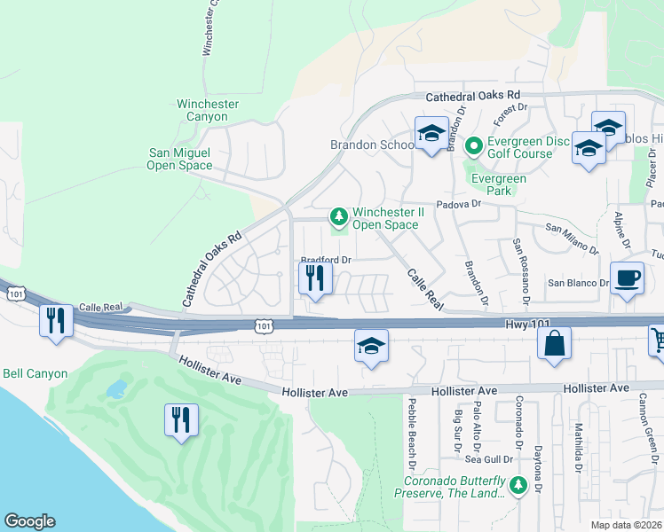 map of restaurants, bars, coffee shops, grocery stores, and more near 7753 Bradford Drive in Goleta
