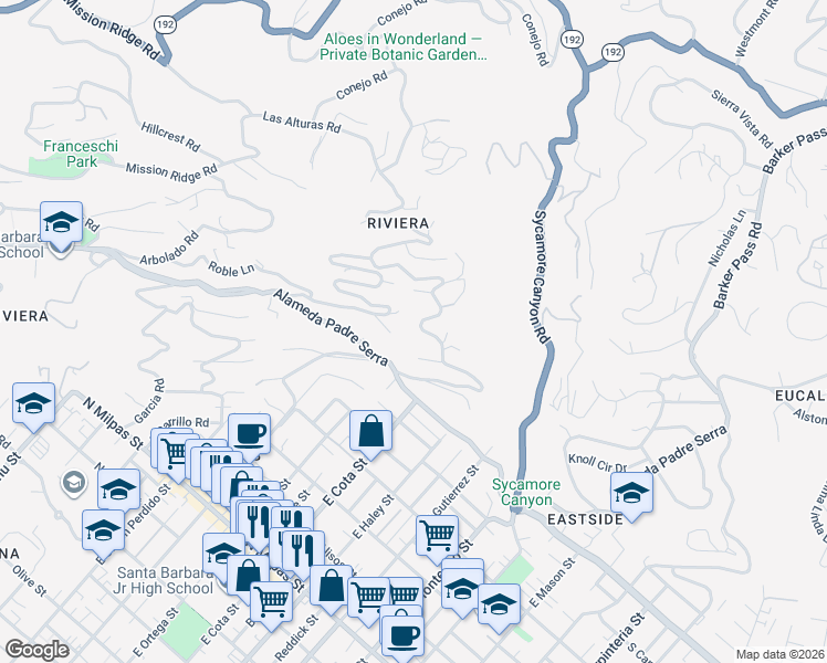 map of restaurants, bars, coffee shops, grocery stores, and more near 612 Holmcrest Road in Santa Barbara
