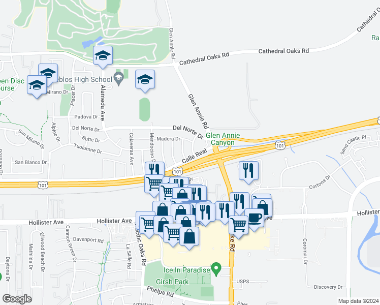 map of restaurants, bars, coffee shops, grocery stores, and more near 31 Colusa Drive in Goleta