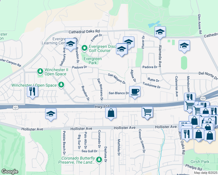 map of restaurants, bars, coffee shops, grocery stores, and more near 7449 San Blanco Drive in Goleta