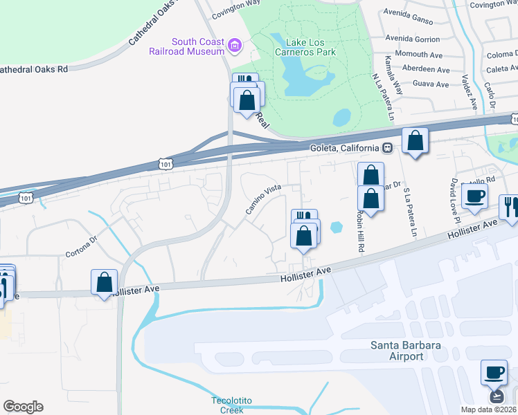 map of restaurants, bars, coffee shops, grocery stores, and more near 40 Sycamore Terrace in Goleta