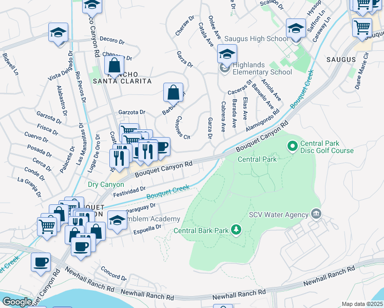 map of restaurants, bars, coffee shops, grocery stores, and more near 22138 Barbacoa Drive in Santa Clarita