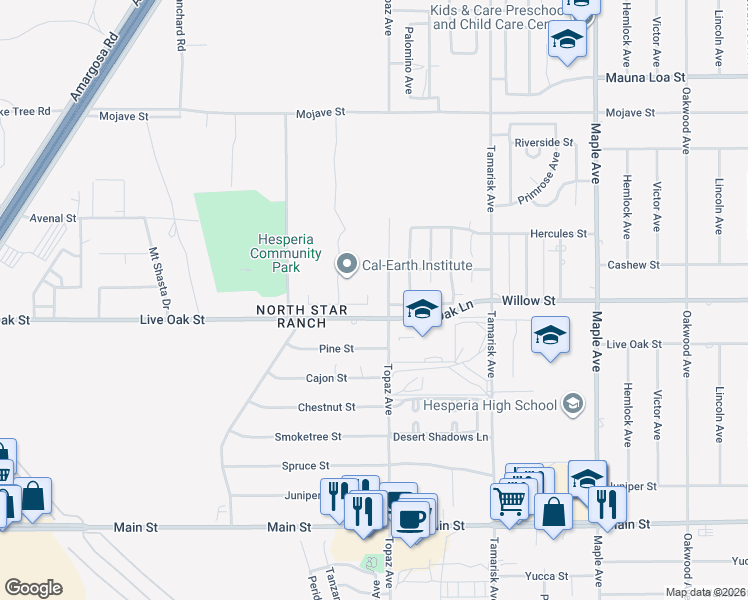 map of restaurants, bars, coffee shops, grocery stores, and more near 10159 Julianne Avenue in Hesperia