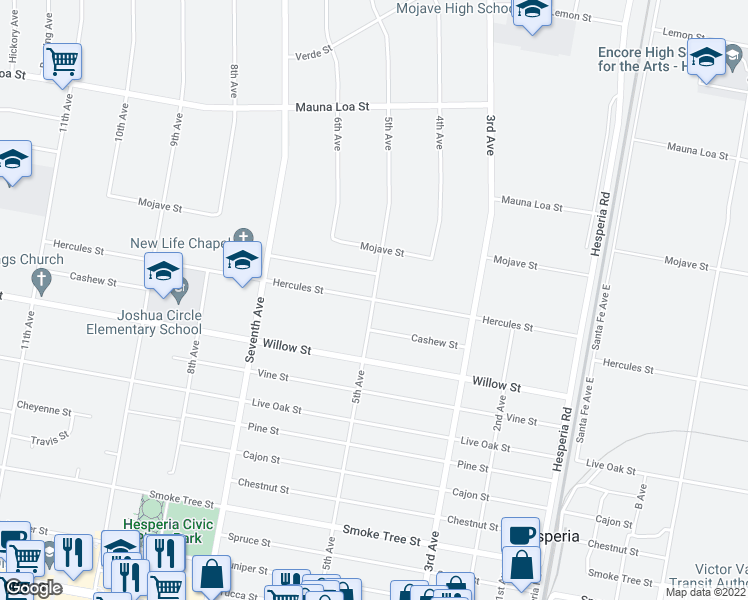 map of restaurants, bars, coffee shops, grocery stores, and more near 5th Avenue in Hesperia