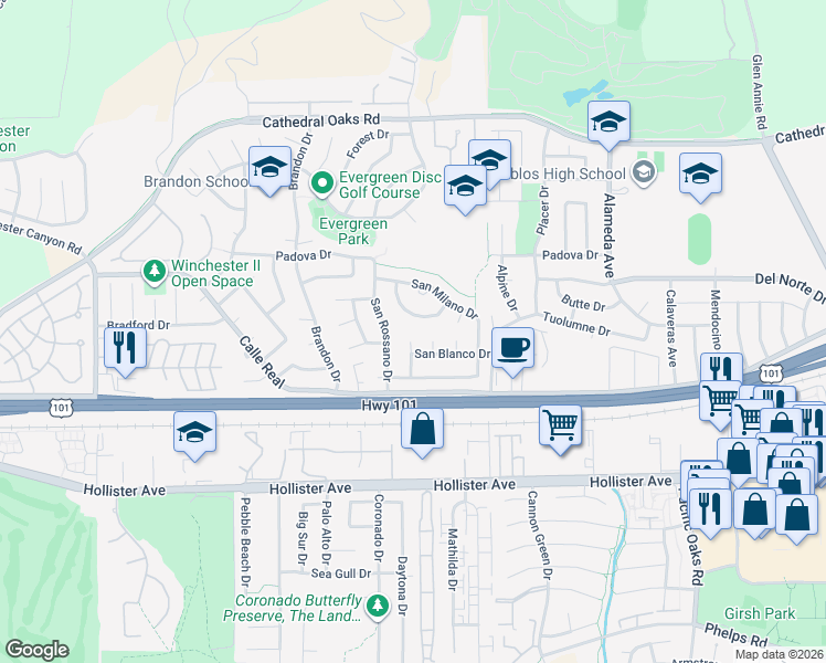 map of restaurants, bars, coffee shops, grocery stores, and more near 48 San Jano Drive in Goleta