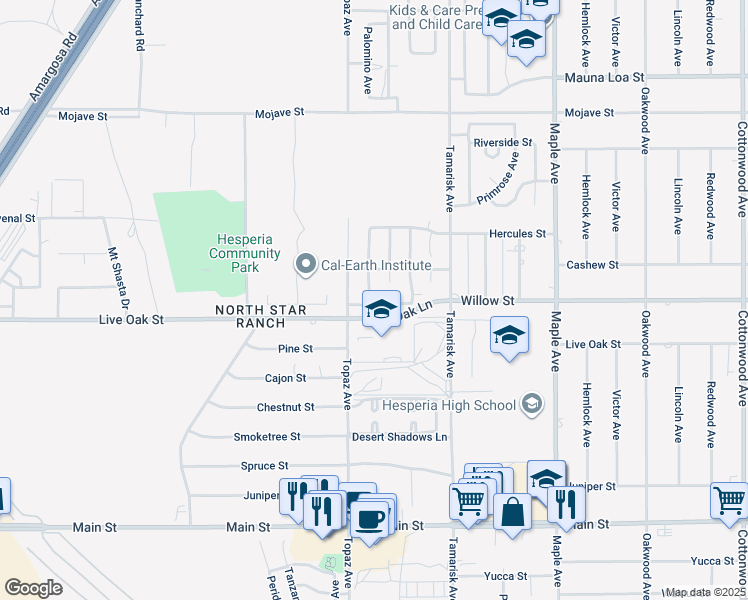 map of restaurants, bars, coffee shops, grocery stores, and more near 14158 Rachel Street in Hesperia
