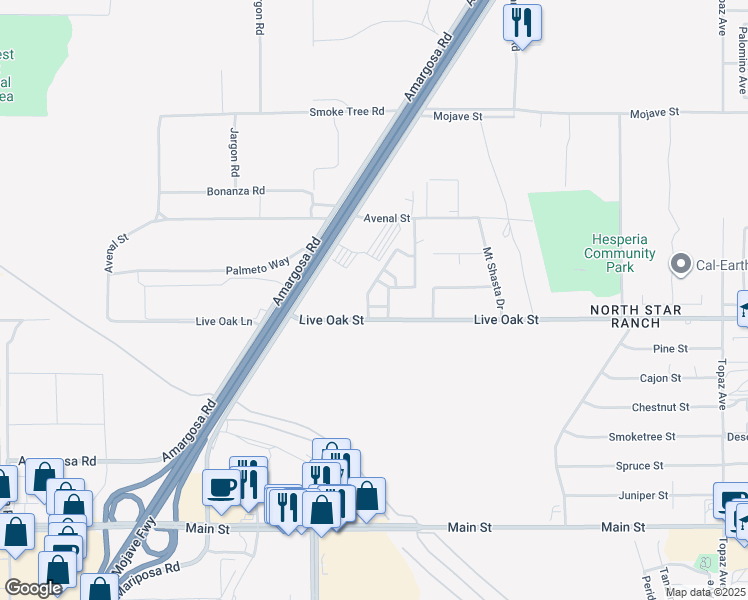 map of restaurants, bars, coffee shops, grocery stores, and more near 13516 Live Oak Street in Hesperia
