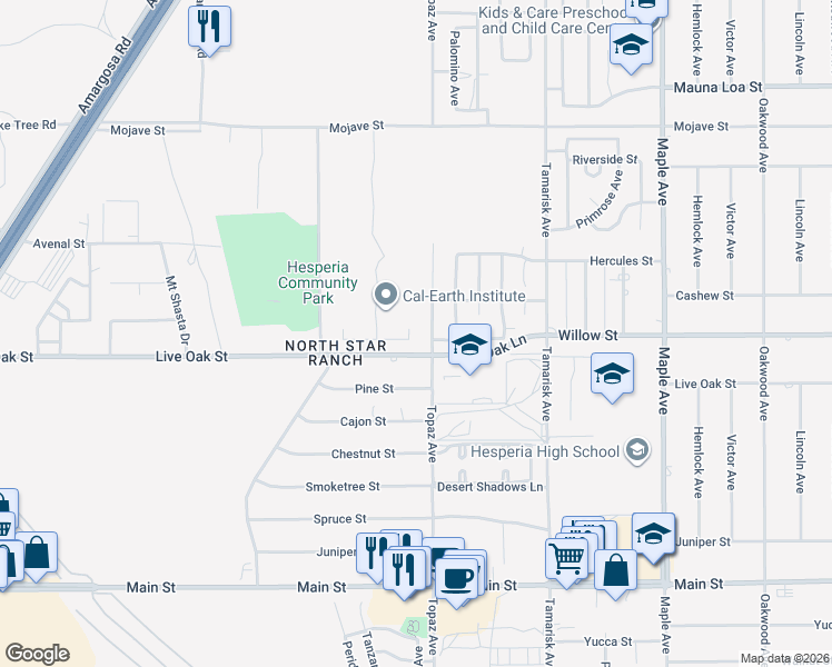 map of restaurants, bars, coffee shops, grocery stores, and more near 10159 Julianne Avenue in Hesperia