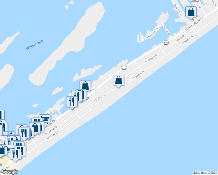 map of restaurants, bars, coffee shops, grocery stores, and more near 208 Sandpiper Lane in Surf City