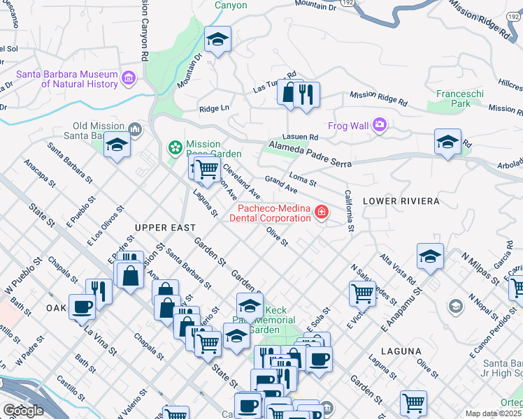 map of restaurants, bars, coffee shops, grocery stores, and more near 514 East Islay Street in Santa Barbara