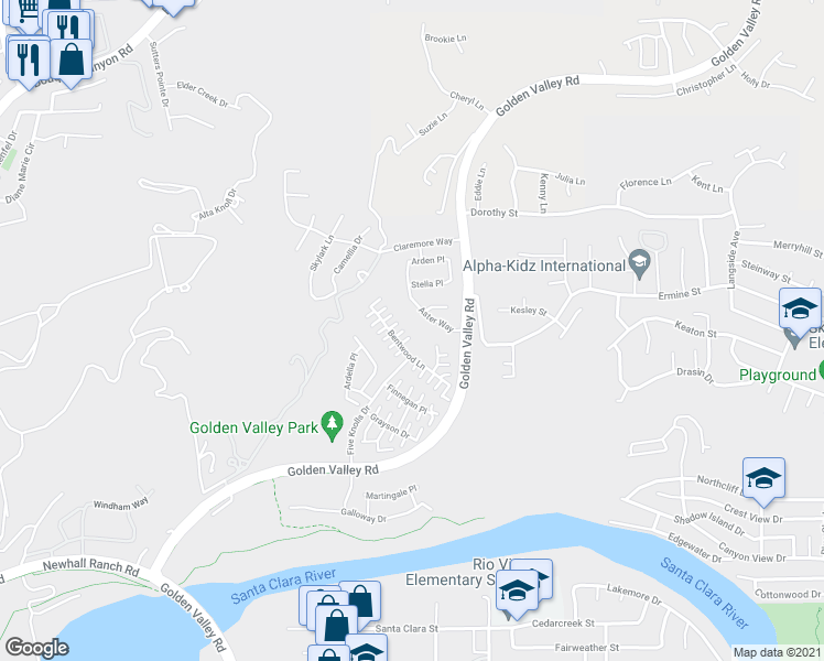 map of restaurants, bars, coffee shops, grocery stores, and more near 27545 Aster Way in Santa Clarita