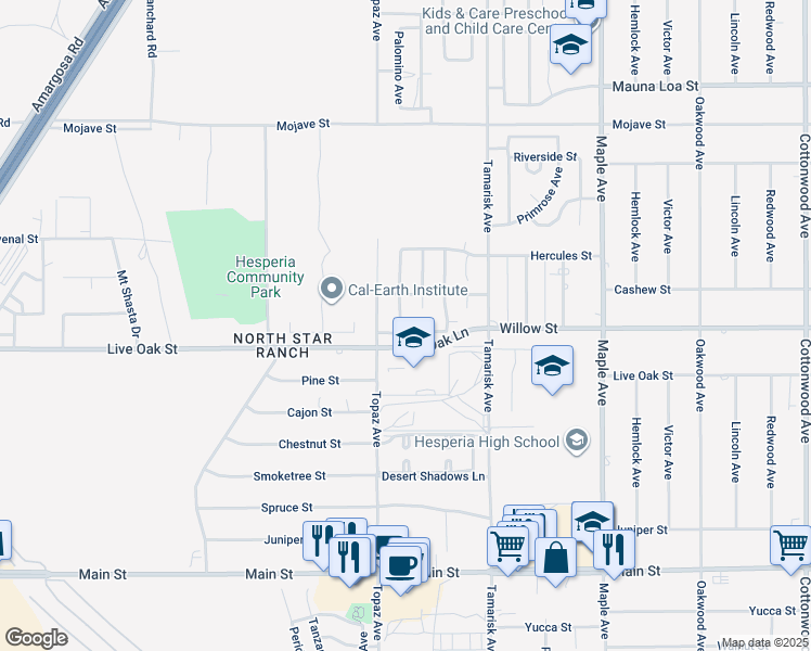 map of restaurants, bars, coffee shops, grocery stores, and more near 14158 Rachel Street in Hesperia