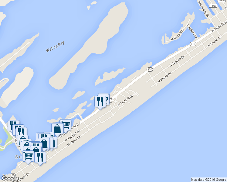 map of restaurants, bars, coffee shops, grocery stores, and more near 103 Egret Landing Court in Holly Ridge