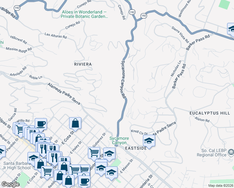 map of restaurants, bars, coffee shops, grocery stores, and more near 1499 Sycamore Canyon Road in Santa Barbara