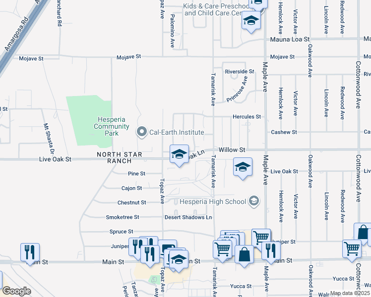 map of restaurants, bars, coffee shops, grocery stores, and more near 14196 Rachel Street in Hesperia