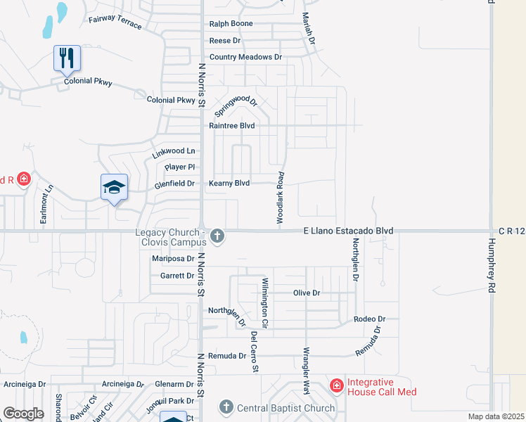 map of restaurants, bars, coffee shops, grocery stores, and more near 2412 East Llano Estacado Boulevard in Clovis