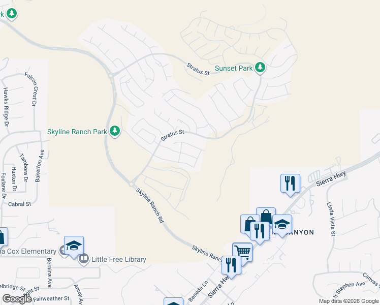 map of restaurants, bars, coffee shops, grocery stores, and more near 18113 Tableau Way in Santa Clarita