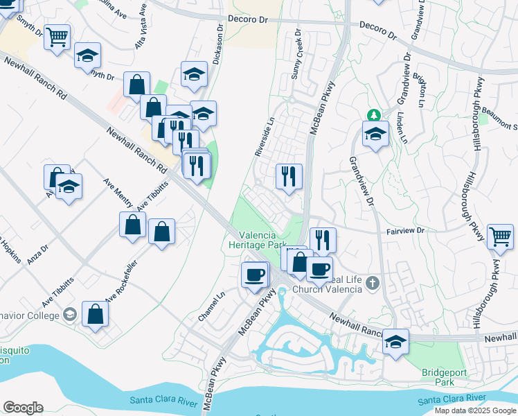 map of restaurants, bars, coffee shops, grocery stores, and more near 24096 Avocado Lane in Santa Clarita