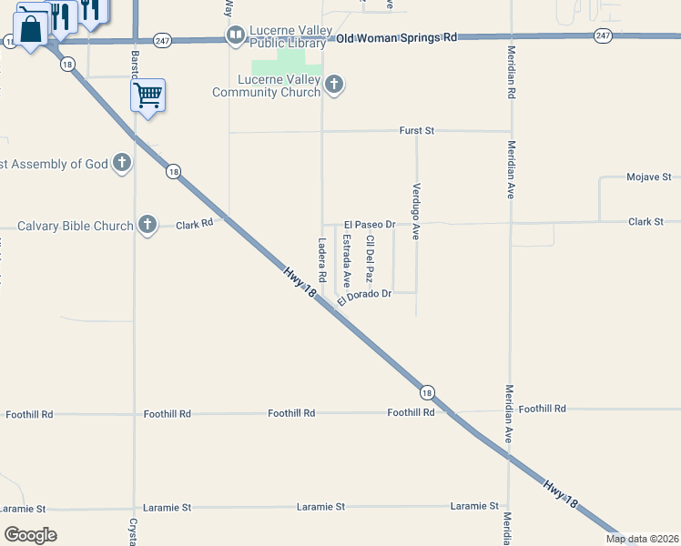 map of restaurants, bars, coffee shops, grocery stores, and more near 10045 Ladera Road in Lucerne Valley