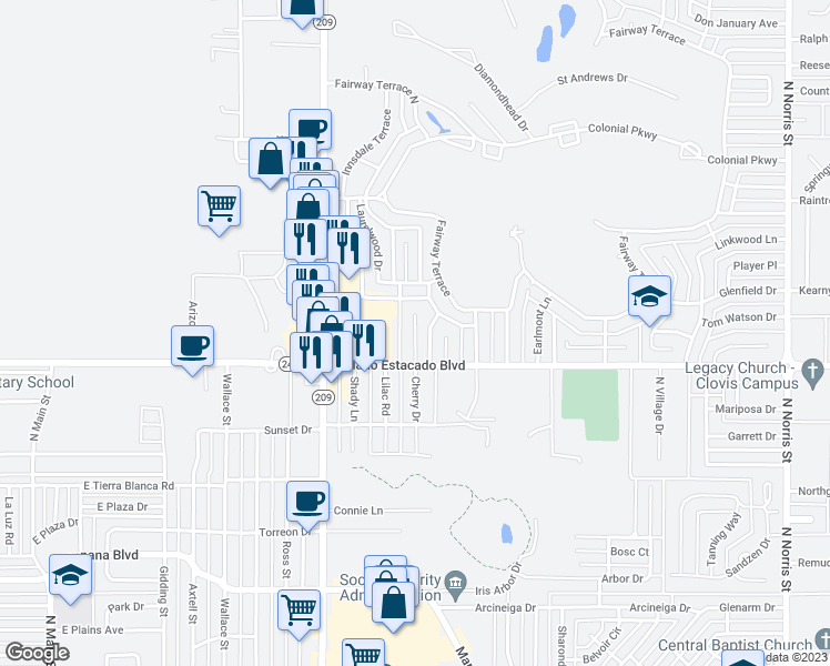 map of restaurants, bars, coffee shops, grocery stores, and more near 3525 Adenmor Court in Clovis