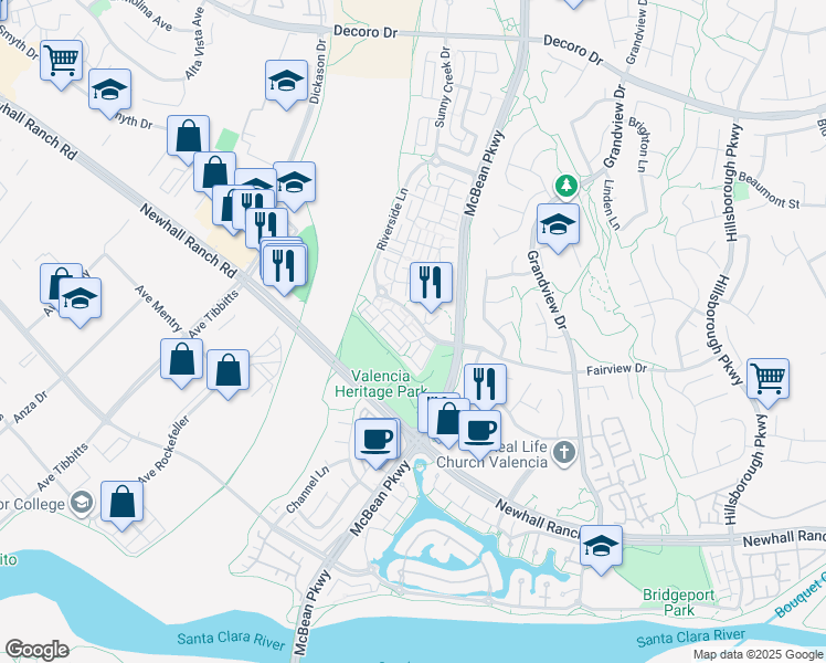 map of restaurants, bars, coffee shops, grocery stores, and more near 24068 Meadowbrook Lane in Santa Clarita