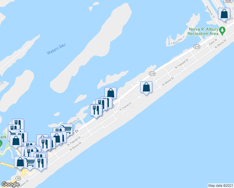 map of restaurants, bars, coffee shops, grocery stores, and more near 101 Egret Landing Court in Surf City