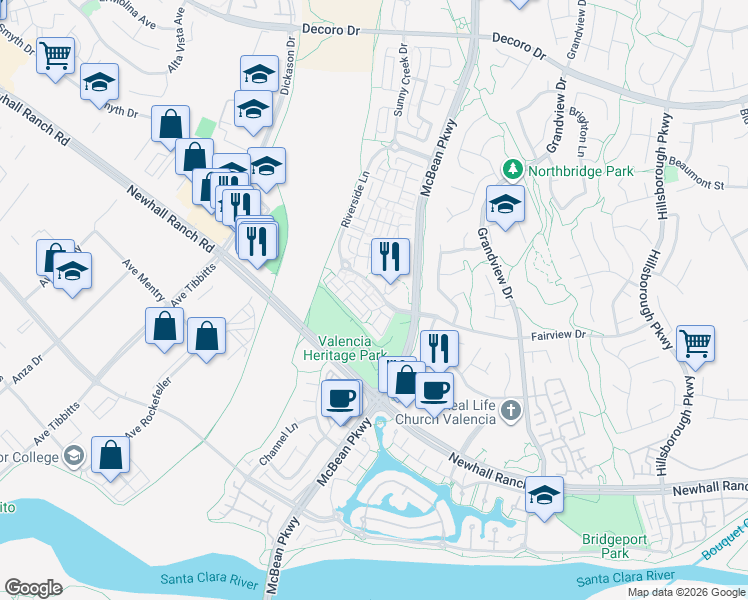 map of restaurants, bars, coffee shops, grocery stores, and more near 24115 Fairview Drive in Santa Clarita