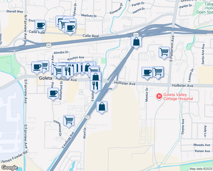 map of restaurants, bars, coffee shops, grocery stores, and more near 5543 Hollister Avenue in Goleta