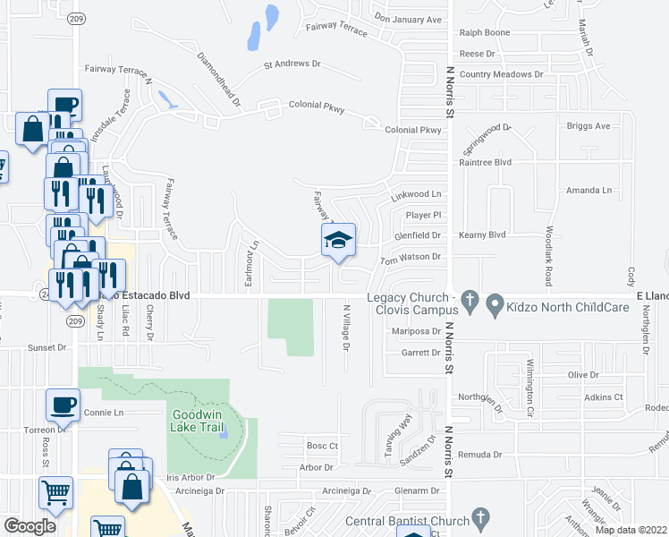 map of restaurants, bars, coffee shops, grocery stores, and more near 8 Paseo Village in Clovis