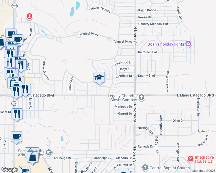map of restaurants, bars, coffee shops, grocery stores, and more near 36 Paseo Village in Clovis