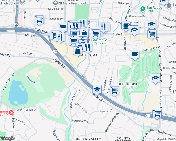 map of restaurants, bars, coffee shops, grocery stores, and more near 350 South Hope Avenue in Santa Barbara