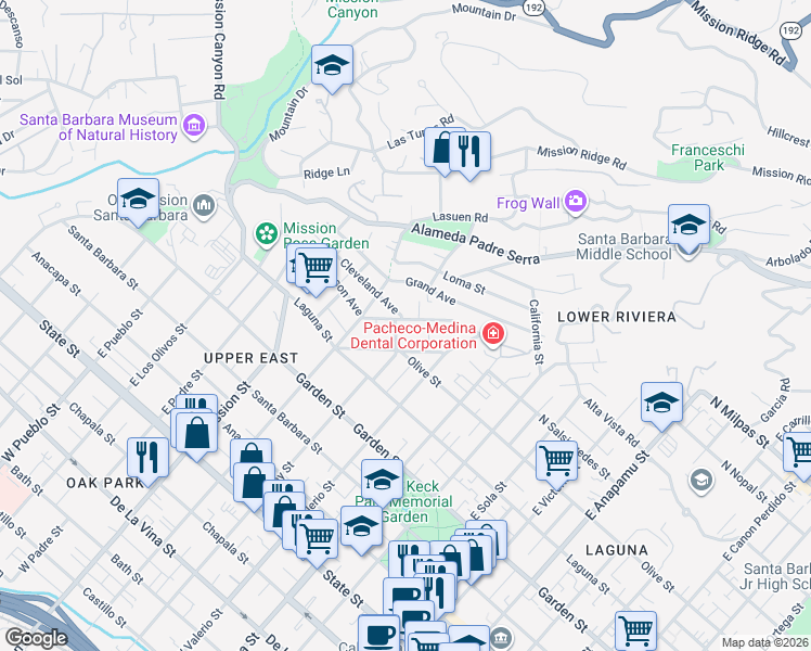 map of restaurants, bars, coffee shops, grocery stores, and more near 1804 Cleveland Avenue in Santa Barbara