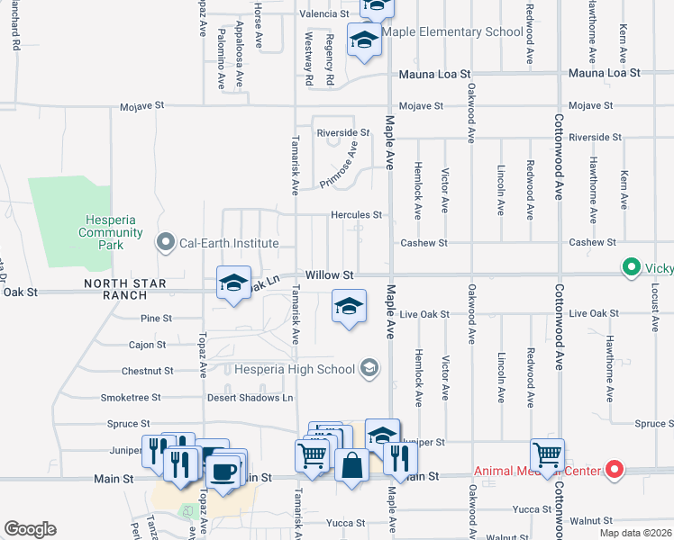 map of restaurants, bars, coffee shops, grocery stores, and more near 10147 Primrose Avenue in Hesperia