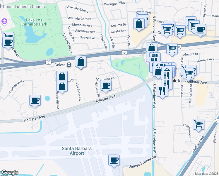map of restaurants, bars, coffee shops, grocery stores, and more near 6100 Hollister Avenue in Goleta