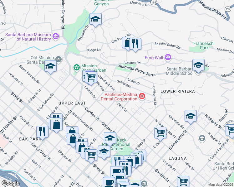 map of restaurants, bars, coffee shops, grocery stores, and more near 518 East Islay Street in Santa Barbara