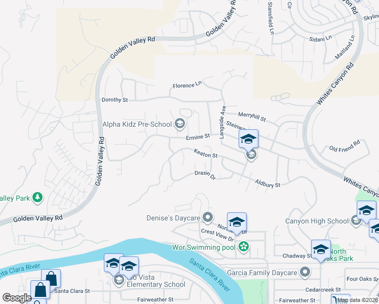 map of restaurants, bars, coffee shops, grocery stores, and more near 20152 Keaton Street in Santa Clarita