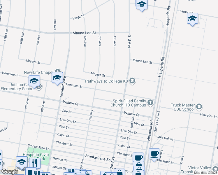map of restaurants, bars, coffee shops, grocery stores, and more near 16350 Hercules Street in Hesperia