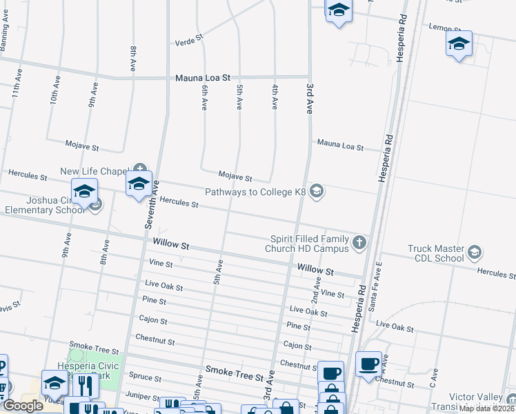 map of restaurants, bars, coffee shops, grocery stores, and more near 16350 Hercules Street in Hesperia