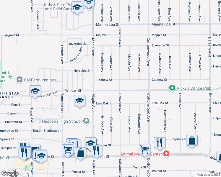 map of restaurants, bars, coffee shops, grocery stores, and more near 14624 Willow Street in Hesperia