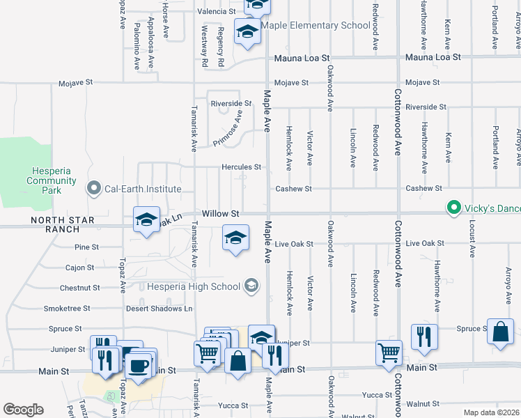 map of restaurants, bars, coffee shops, grocery stores, and more near 14486 Willow Street in Hesperia