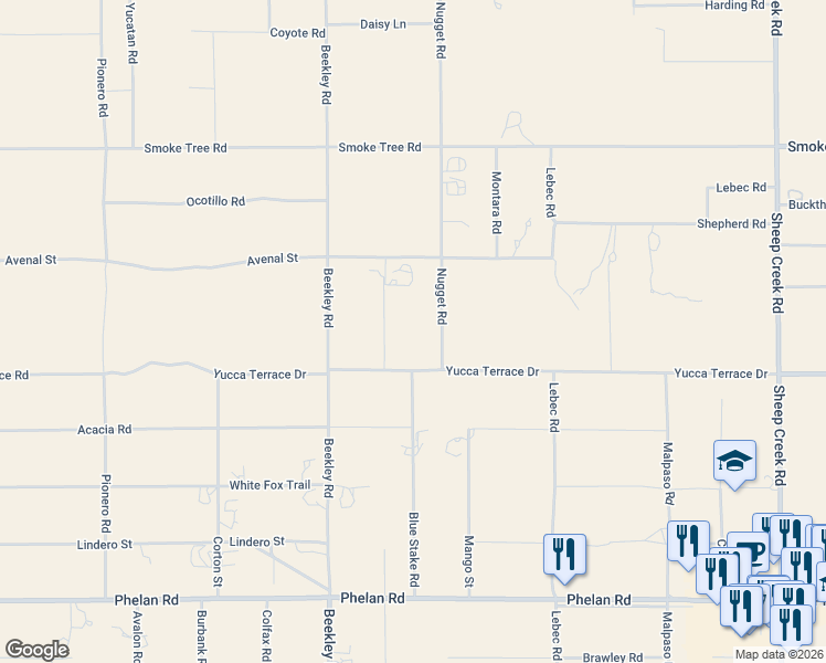 map of restaurants, bars, coffee shops, grocery stores, and more near 10321 Nugget Road in Phelan