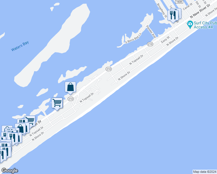map of restaurants, bars, coffee shops, grocery stores, and more near 918 North New River Drive in Holly Ridge