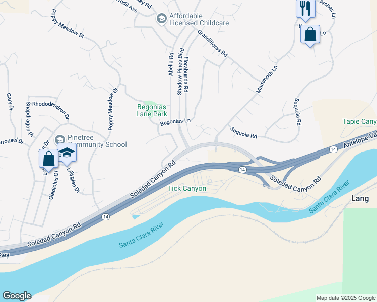 map of restaurants, bars, coffee shops, grocery stores, and more near Soledad Canyon Road & Shadow Pines Boulevard in Santa Clarita