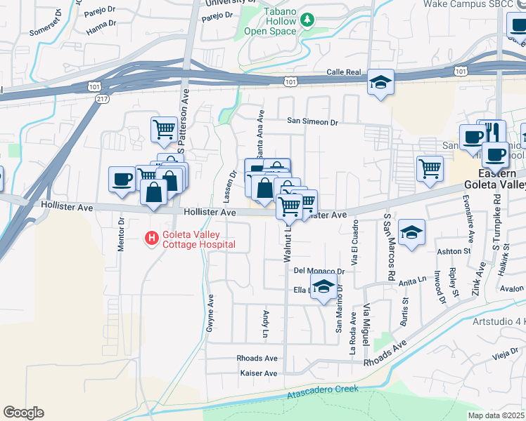 map of restaurants, bars, coffee shops, grocery stores, and more near 5156 Hollister Ave in Santa Barbara