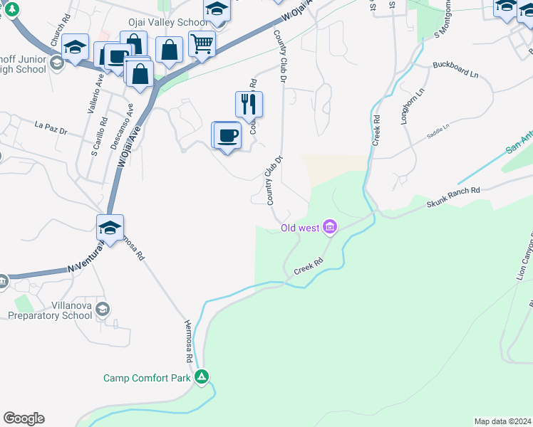 map of restaurants, bars, coffee shops, grocery stores, and more near 1003 Country Club Drive in Ojai