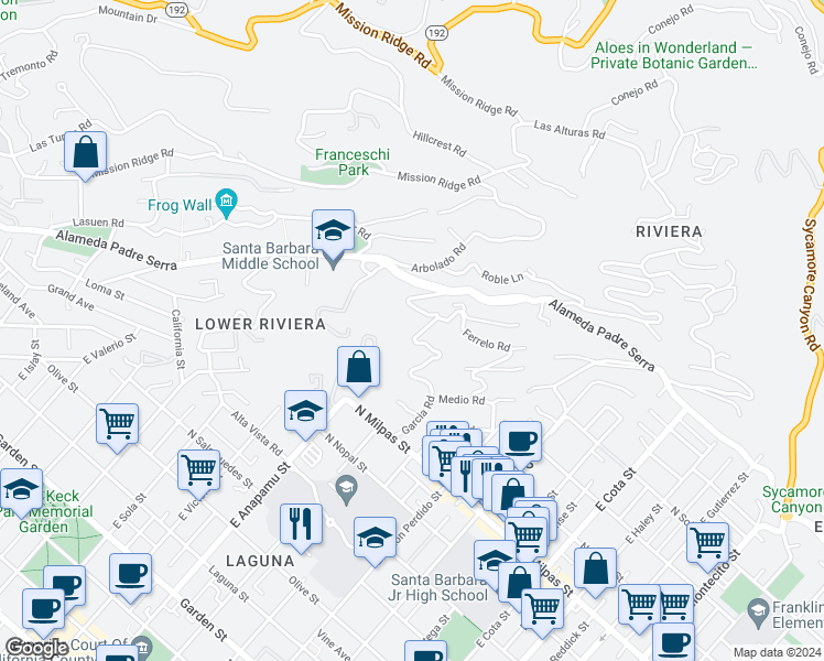 map of restaurants, bars, coffee shops, grocery stores, and more near 1055 Garcia Road in Santa Barbara