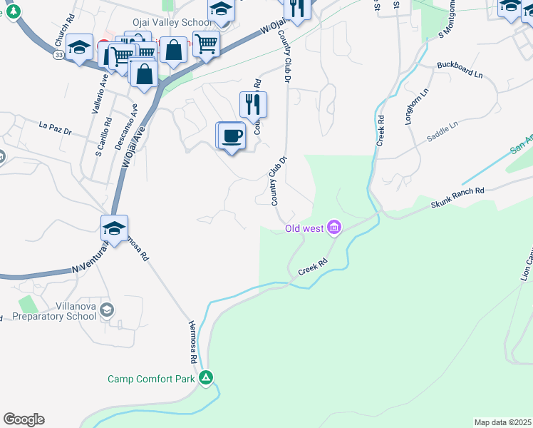 map of restaurants, bars, coffee shops, grocery stores, and more near 1003 Country Club Drive in Ojai