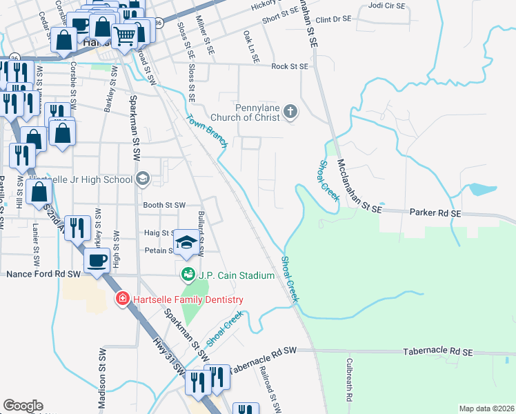 map of restaurants, bars, coffee shops, grocery stores, and more near 1815 Mcdaniel St SE in Hartselle