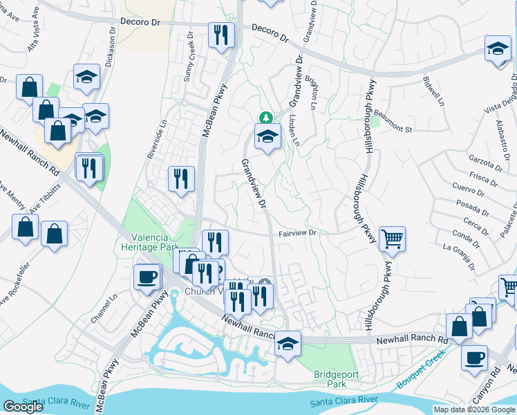 map of restaurants, bars, coffee shops, grocery stores, and more near 27323 Cheshire Lane in Santa Clarita