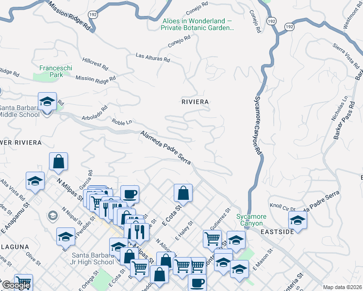 map of restaurants, bars, coffee shops, grocery stores, and more near 54 Loma Media Road in Santa Barbara